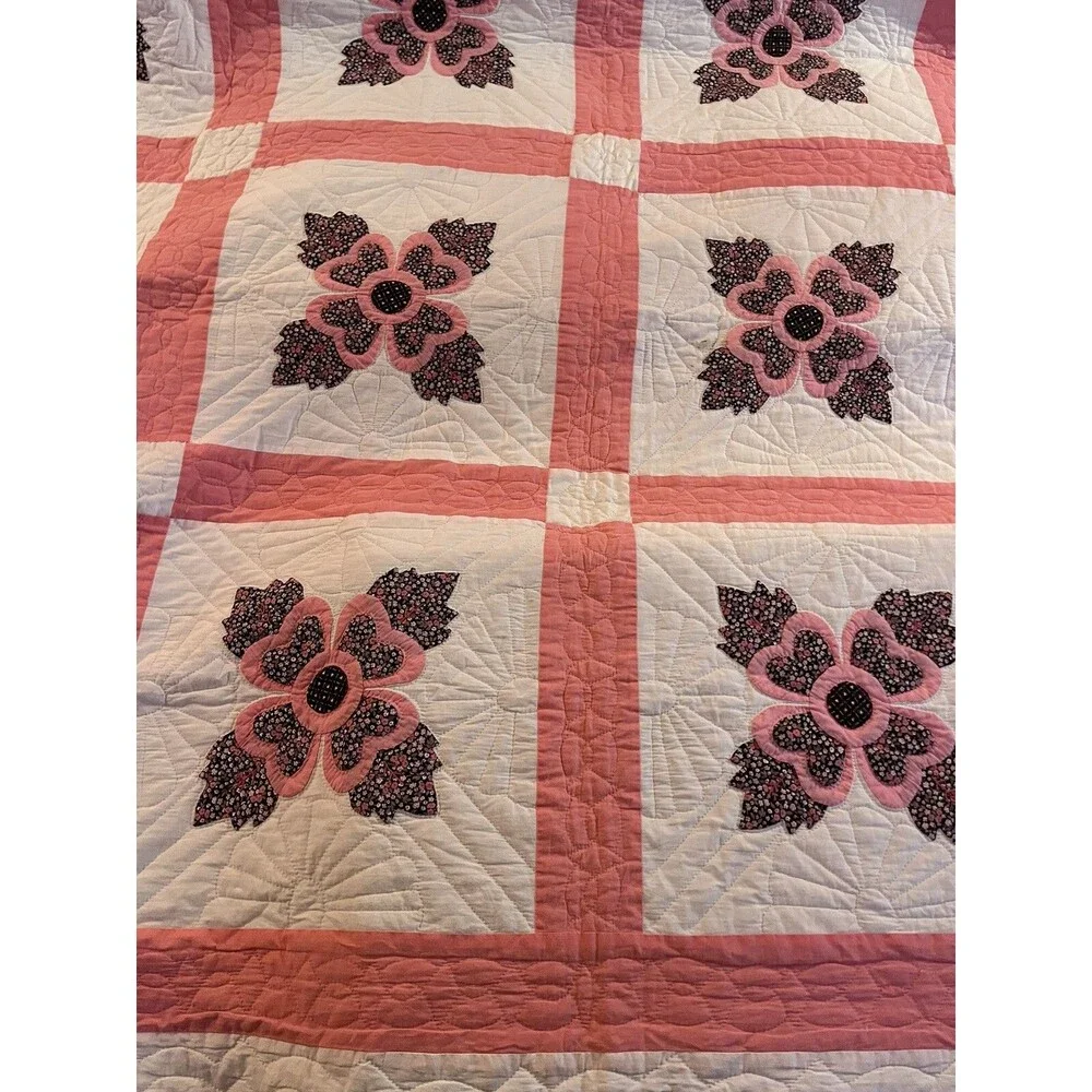 Vintage Hand Sewn Appliqué Quilt Rose Flowers 80x96” Not Used, Not Washed